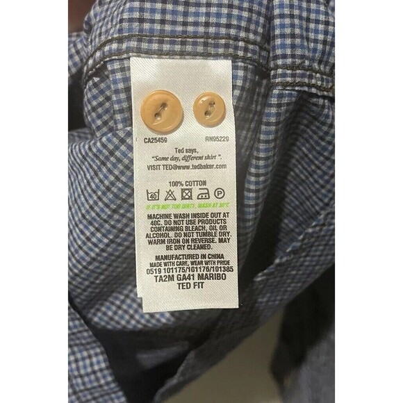 Ted Baker Shirt Mens 5 XL Blue Button Up Gingham Check Chambray Collar Elbow - Picture 7 of 9
